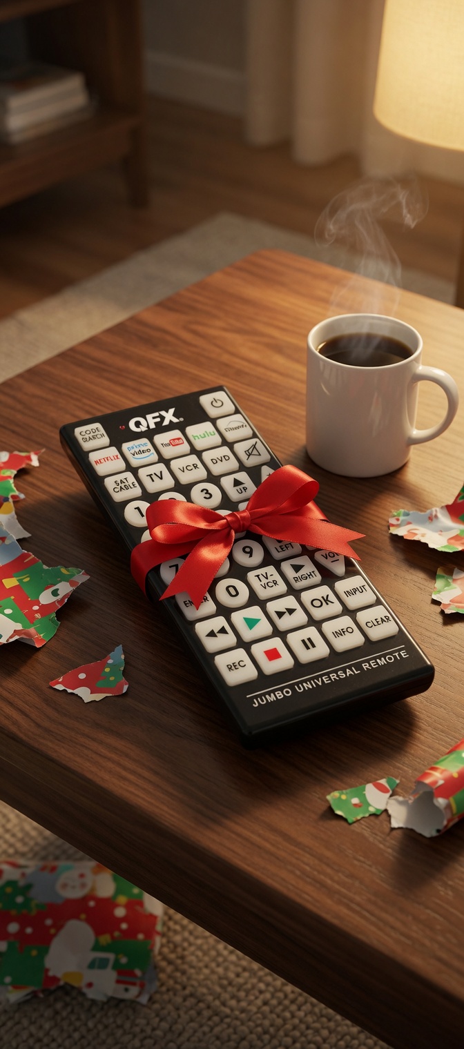 QFX jumbo remote tied with a red gift ribbon on a coffee table